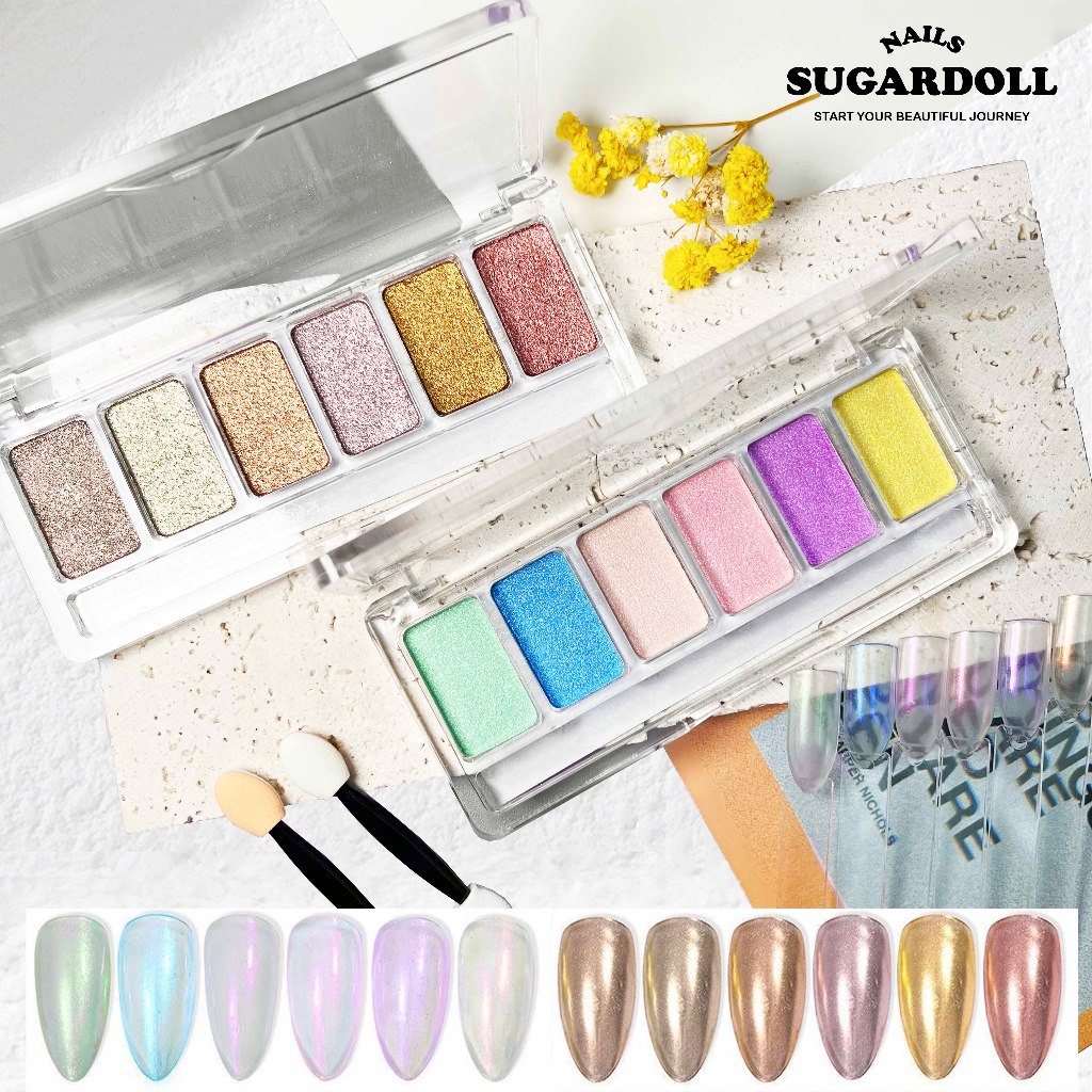 พร้อมส่งในBangkok ผงกระจกวิเศษ ต่อกล่อง6ช่อง กระจกวิเศษเคลือบแป้ง  สีทองออโรร่า สําหรับตกแต่งเล็บ