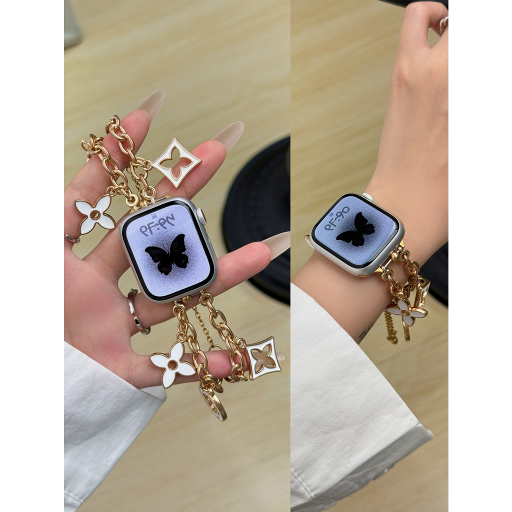 Gold Flower Loop Link สายสําหรับ Apple Watch Ultra 10/9/8/7/6/5/4/3/2/1 SE ขนาด 38/40/41/42/44/45/46/49 มม.