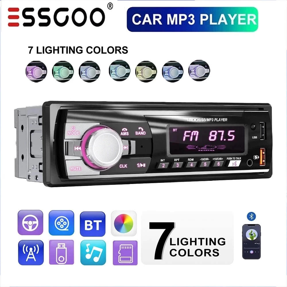 ESSGOO หัวเครื่องเสียงรถ 1 Din Bluetooth เล่นเพลงผ่าน USB/SD/AUX/FM รองรับซับวูฟเฟอร์ จอภาพมัลติมีเดีย