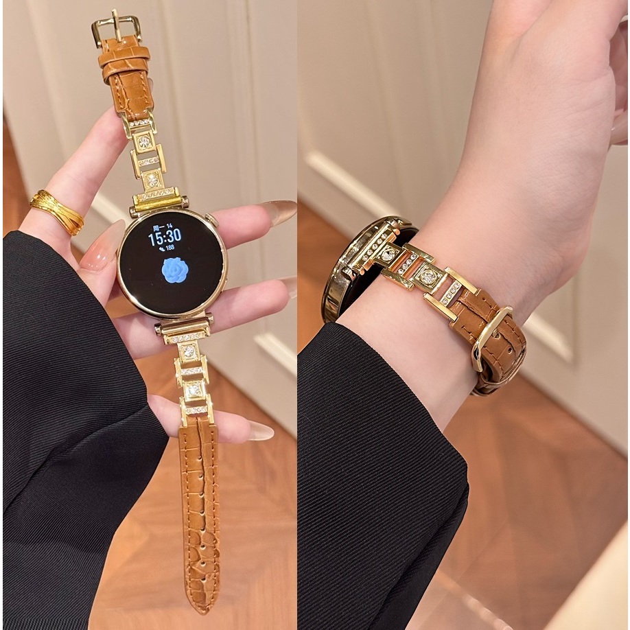 Elegant Leather Strap For Huawei watch GT 5 สาย huawei watch gt 5 pro / Huawei GT5 สาย GT2/GT3/ huawei GT4 สาย Redmi watch 5 Lite / Redmi watch 5 Active สาย Galaxy watch 7 Strap / Garmin lily 2 active สาย Amazfit GTS4 mini ,GTS3,GTS2, Amazfit Bip 6 สาย