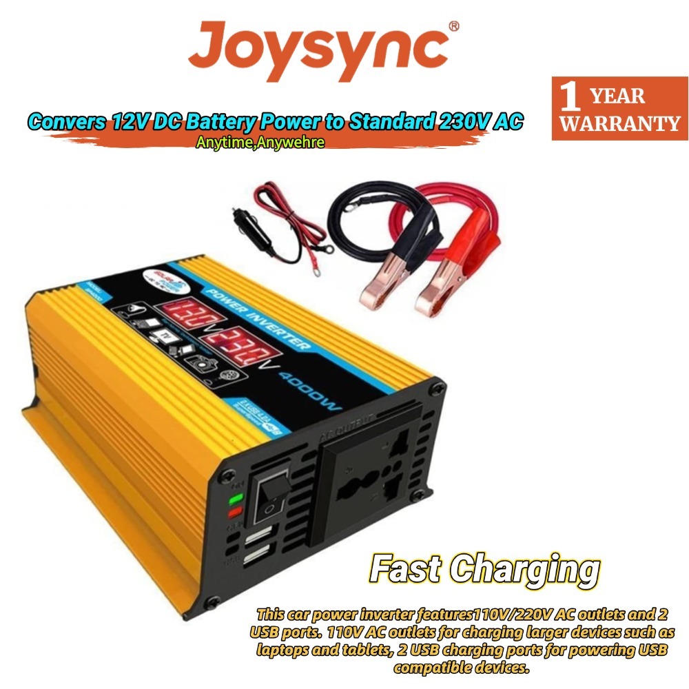 Joysync4000W อินเวอร์เตอร์พลังงานในรถยนต์Dual USB Fast Charge | ตัวแปลง 12V เป็น 220V | ดัดแปลงไซน์เวฟ | ปลั๊กเสียบที่จุดบุหรี่ | อะแดปเตอร์ซ็อกเก็ต เรา