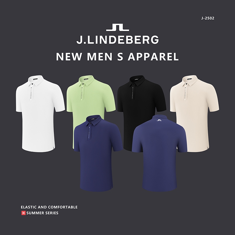 New J.Lindeberg เสื้อยืดแขนสั้นสำหรับผู้ชาย เหมาะสำหรับการเล่นกอล์ฟ มีเทคโนโลยีซึมซับเหงื่อแห้งไว