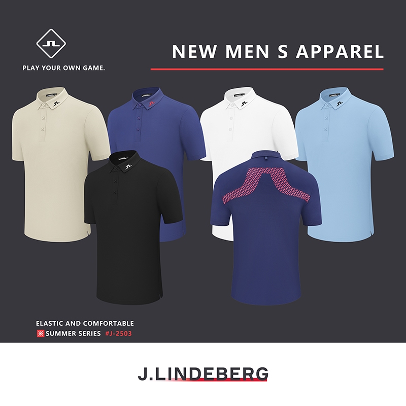 New J.LINDBERG Golf เสื้อโปโลแขนสั้นผู้ชาย สำหรับฤดูร้อนและกีฬากอล์ฟ ทำจากเนื้อผ้าJersey แห้งไว