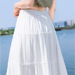 พร้อมส่งจากกทม เอวสูงสีขาวผู้หญิงกระโปรงยาว A-Line กระโปรงเค้ก Fairy ความรู้สึกศิลปะกระโปรง