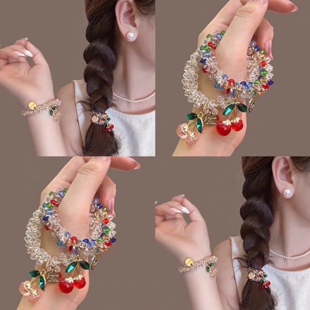สร้อยข้อมือจี้คริสตัลเชอร์รี่น่ารัก กับที่คาดผมสองทาง สไตล์หวานและสง่างามสำหรับผู้หญิง