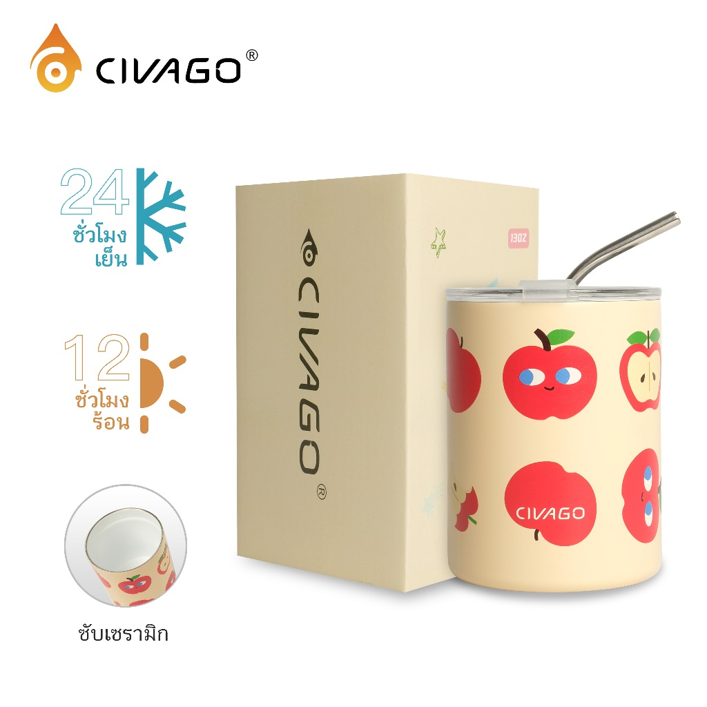 CIVAGO（13oz）แก้วเดินทางความร้อนสแตนเลสเซรามิกพร้อมหลอดบ้านและถ้วยสํานักงานสําหรับผู้หญิง