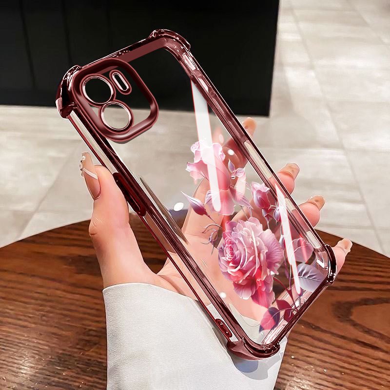 YBD Anti Fall สี่มุมสําหรับ Redmi A1 A2 Plus A1 + A2 + 2022 Xiaomi POCO C50 C51 เคสโทรศัพท์ใสขั้นสูง Red Rose รวมทุกอย่างถุงลมนิรภัยป้องกัน