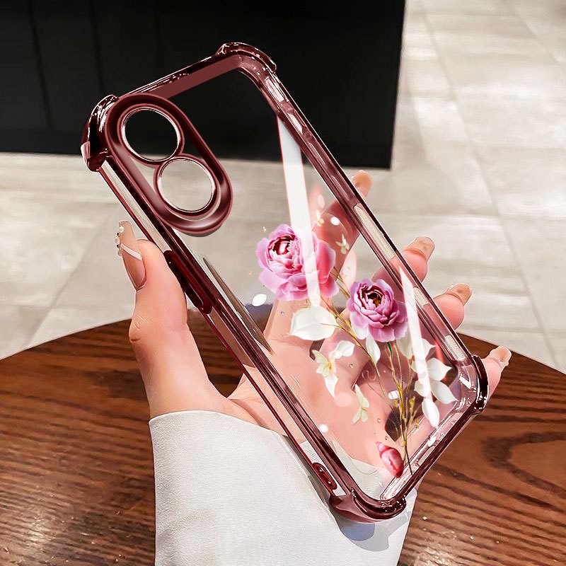 YBD Anti Fall สี่มุมสําหรับ OPPO A38 A18 A17 A18K Reno 8T A98 F23 A1 Pro A60 A78 A79 A2 5G 4G Clear เคสโทรศัพท์ขั้นสูง Red Rose All Inclusive ถุงลมนิรภัยป้องกัน - รูปที่ 4