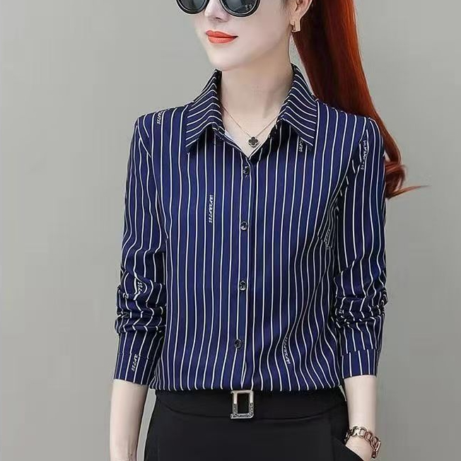 เสื้อเชิ้ตแขนยาว พิมพ์ลายทาง ทรงหลวม สีฟ้า แบบมืออาชีพ สําหรับผู้หญิง - รูปที่ 4