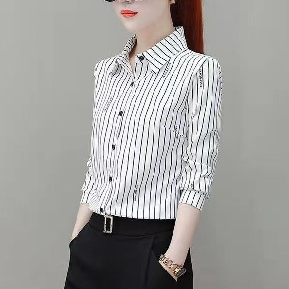 เสื้อเชิ้ตแขนยาว พิมพ์ลายทาง ทรงหลวม สีฟ้า แบบมืออาชีพ สําหรับผู้หญิง - รูปที่ 3