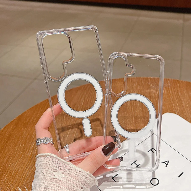 คริสตัลอะคริลิคใสชาร์จไร้สายแม่เหล็กสําหรับ Samsung Galaxy S21 S22 S23 S24 Plus Ultra 21FE 23FE กันกระแทกแม่เหล็กกรณี