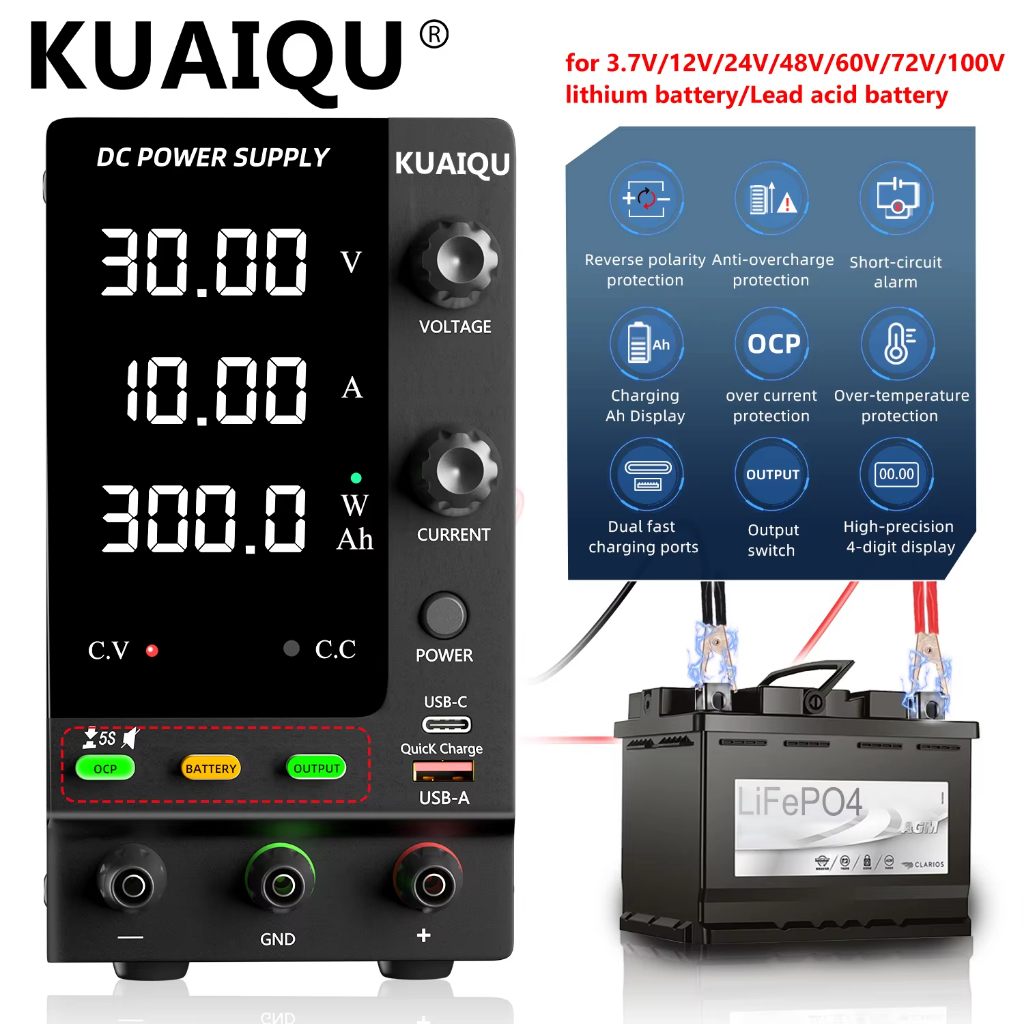 【COD】KUAIQU ตัวจ่ายไฟ อัพเกรดแบตเตอรี่ชาร์จ DC power supply ปรับ ค่า ได้ แหล่งจ่ายไฟเสริม OCP สวิตช์เอาต์พุต Type-C ชาร์จเร็ว 30V 5A 10A 60V 120V 12V