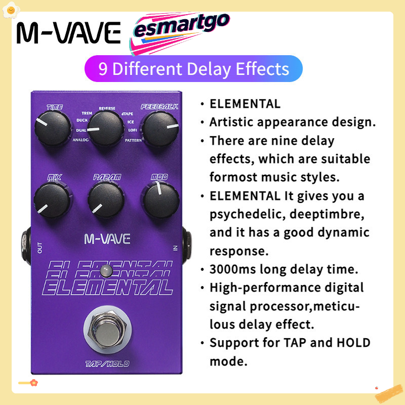 ​​เพดัลเอฟเฟกต์กีต้าร์ M-vave Elemental Digital Delay9 แบบเอฟเฟกต์ดีเลย์ รองรับโหมด TAP และ HOLD​​