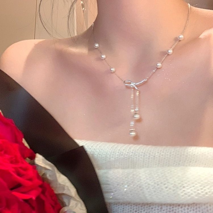 สร้อยคอมุกรูปโบว์สไตล์เกาหลีสีเงินหรูหรา ของขวัญวันเกิดที่เหมาะกับนักเรียน