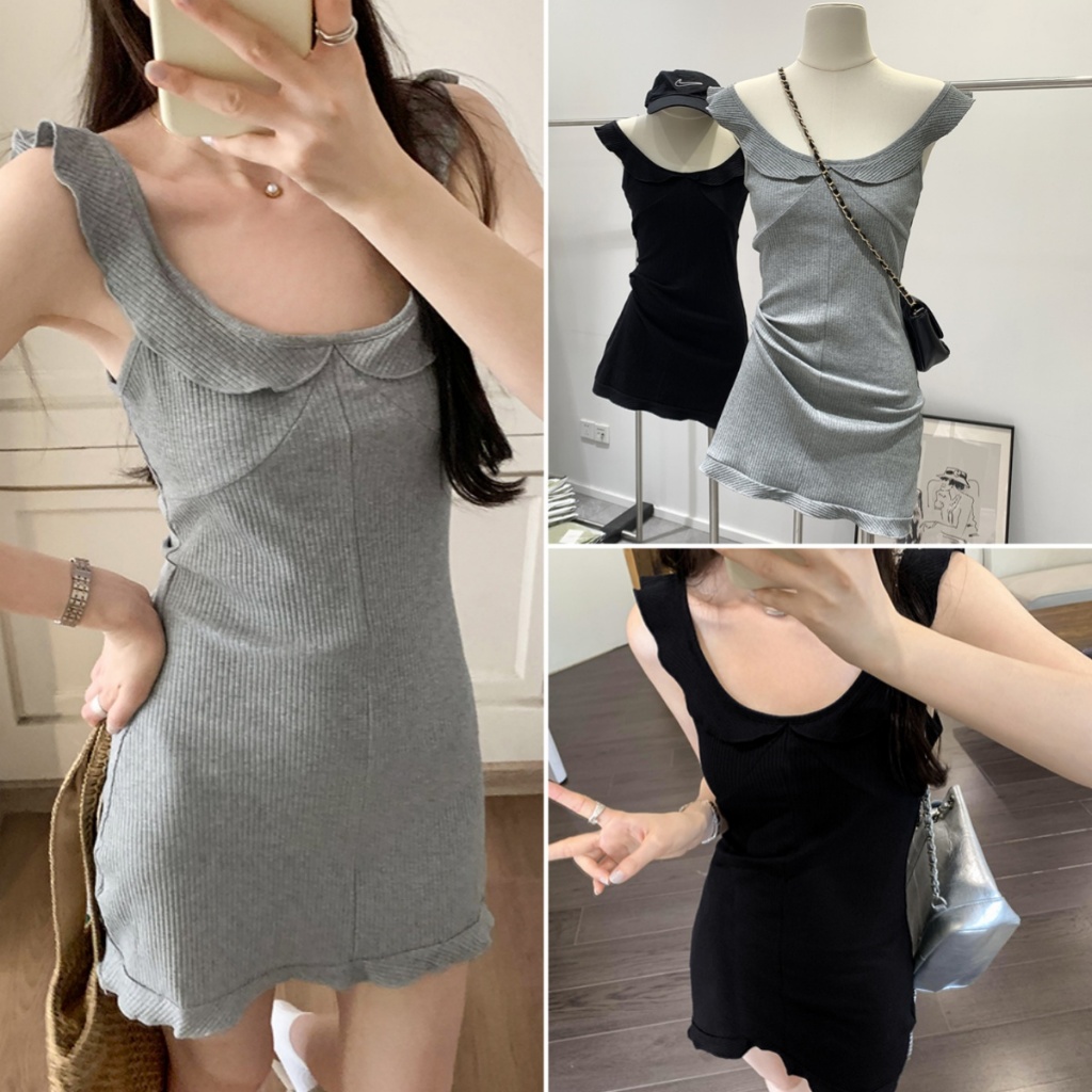 Hotgirl พร้อมส่ง✨กระโปรงสั้นผู้หญิง ชุดเดรสแขนกุด สีพื้น ดีไซน์ขอบใบบัว สไตล์สลิมฟิต สไตล์เกาหลีหวานๆ