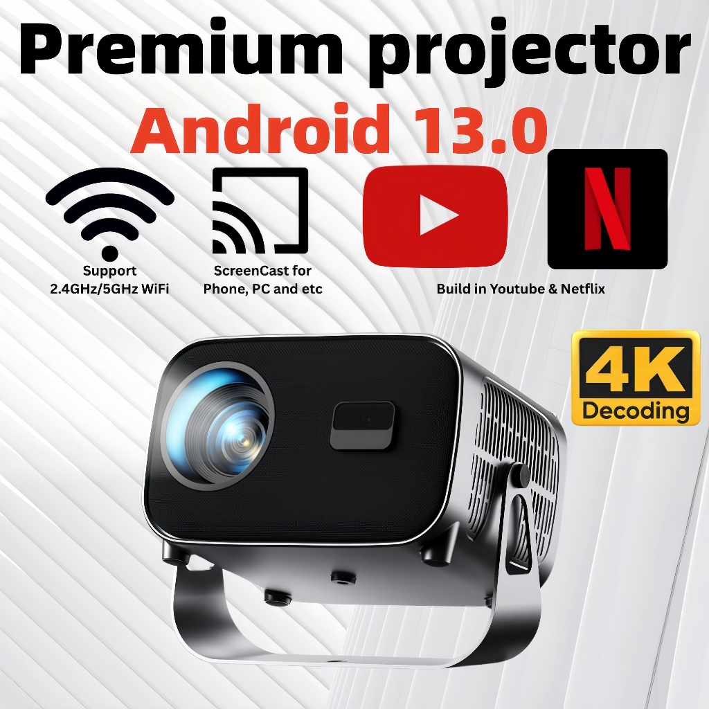 A10 โปรเจคเตอร์แบบพกพา 4K 1080P ไร้สาย Professional Wifi สมาร์ทโปรเจคเตอร์บลูทูธ Cinema Android 13.0