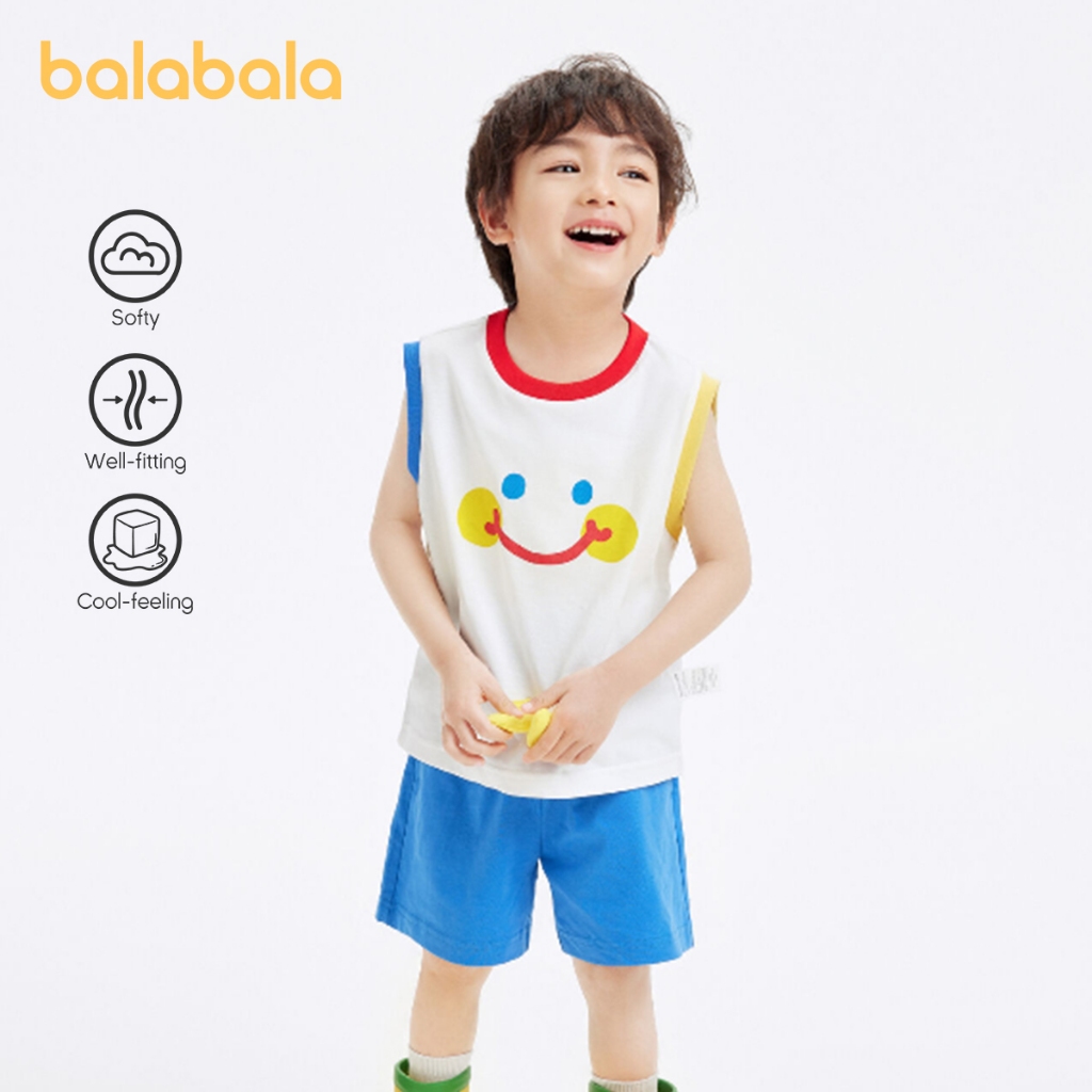 บาลาบาลา เด็กแขนกุดชุด เด็กผู้ชาย เสื้อยืดแห้งเร็วฤดูร้อนเด็กสองชิ้น 2025 ใหม่อินเทรนด์