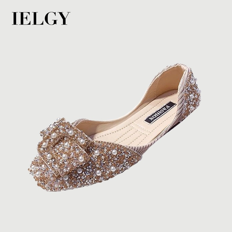 IELGY Pearl Rhinestone Flats ผู้หญิง 2025 ฤดูร้อนใหม่โบว์สุภาพสตรี Square Toe Shallow Soft Sole
