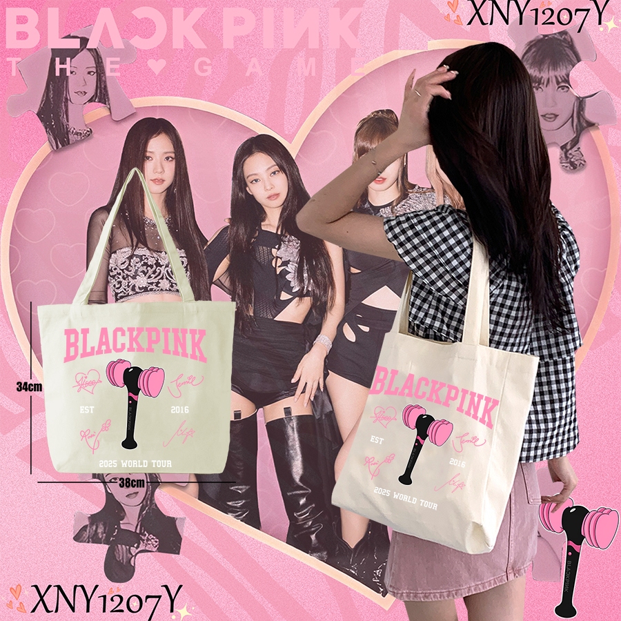 2025 กระเป๋าผ้าแคนวาส KPOP BLACKPINK Tote Bag JENNIE ROSE LISA JISOO กระเป๋าผ้าแคนวาสสะพายไหล่แบบลำล