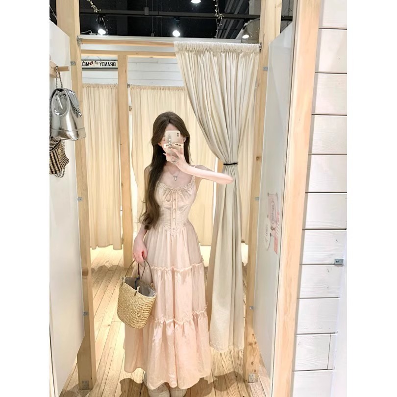 เดรสสายเดี่ยวลูกไม้สีชมพูแบบฝรั่งเศส เซ็กซี่ มีเข็มขัดปรับเอว เหมาะสำหรับใส่วันหยุดในฤดูร้อน