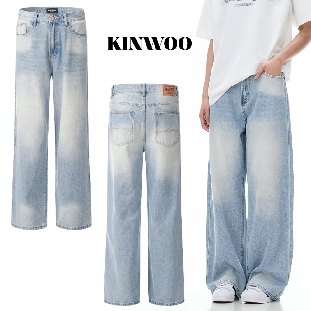 kinwooกางเกงยีนส์ขาตรงสีฟ้าใส ทรงหลวมสไตล์เกาหลี 2025 แบบใหม่! เนื้อผ้านุ่ม ใส่แล้วดูสูงทันใจ  เนื้อผ้า Cool Denim ไม่อับชื้น