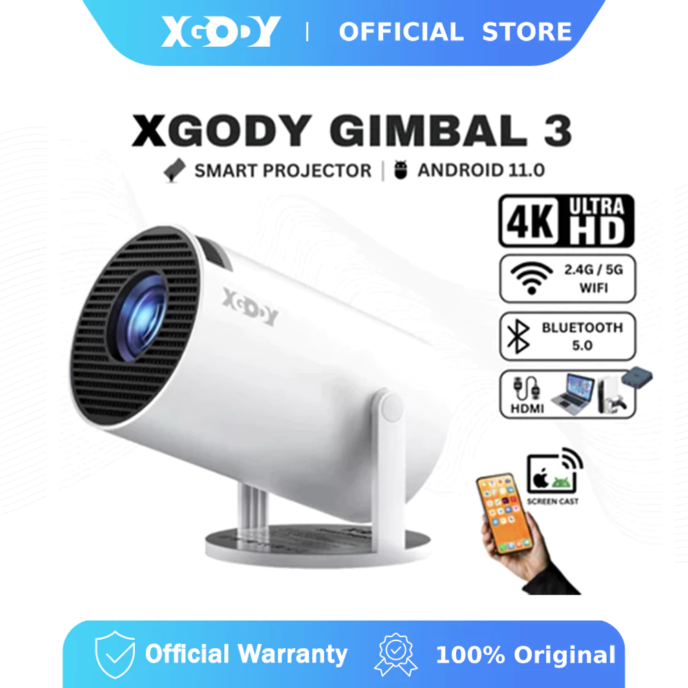 （จัดส่งในท้องถิ่น）XGODY Gimbal 3 โปรเจคเตอร์ 4K Native 1080P Android 11.0 บลูทูธ 5 โปรเจคเตอร์ 12000