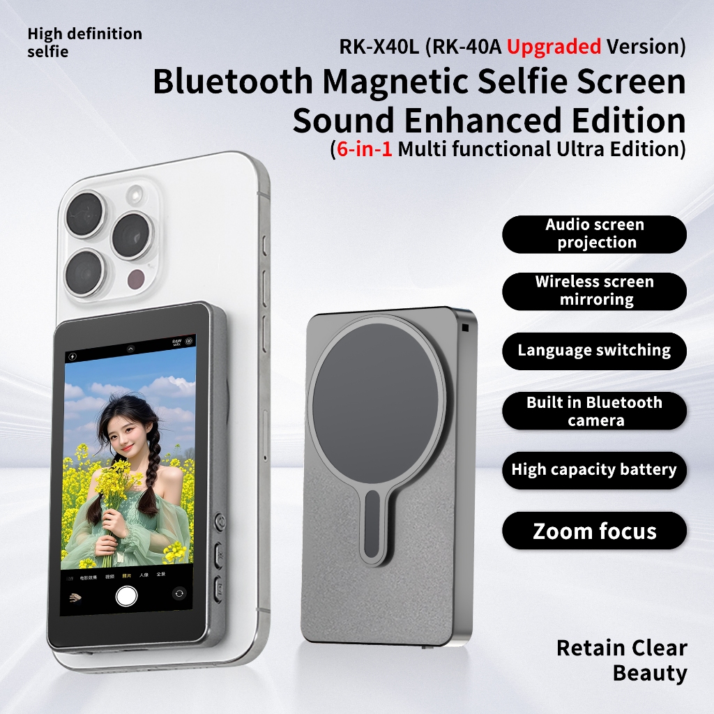 RK-X40L โทรศัพท์มือถือไร้สาย 14 15 16 Pro Android Magnetic Selfie หน้าจอโปรเจคเตอร์กล้องด้านหลังความละเอียดสูงจอแสดงผล Selfie เครื่องมือเสริม