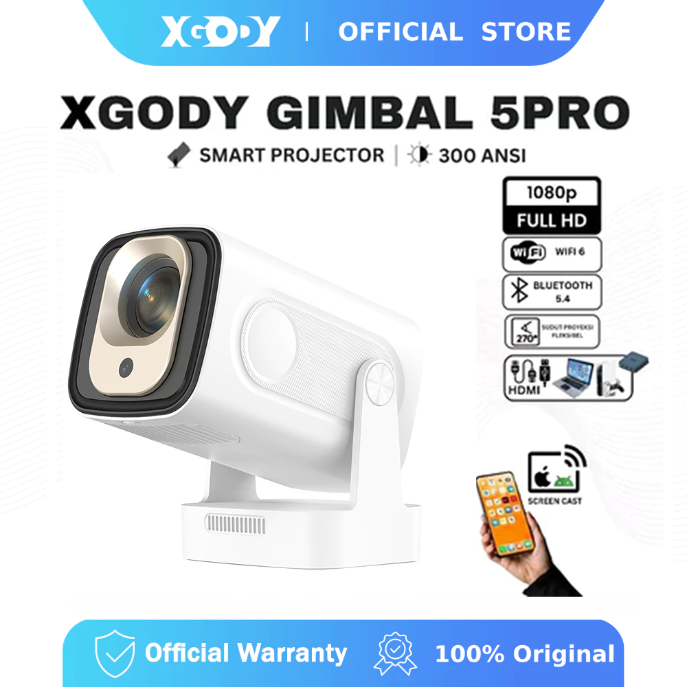 XGODY โปรเจคเตอร์ Gimbal 5 PRO White 4K iPhone / Android11 projector HDMI WiFi6 25000 lumen 1080P 19