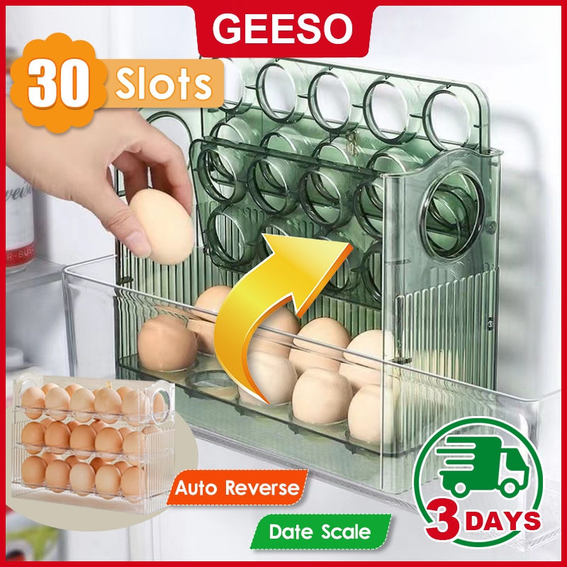 GEESO ชั้นวางไข่ ในตู้เย็น สีขุ่น กล่องเก็บไข่ 3 ชั้น ใส่ไข่ได้ 30 ฟอง วางซ้อนกันได้ อุปกรณ์จัดเก็บ 30 Slots 3 Layer Egg Tray Storage Fridge Egg Storage Box 翻转鸡蛋盒