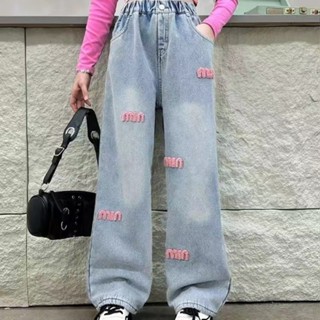 【กรุงเทพส่งเร็ว🚀】กางเกงยีนส์ขากว้างเด็กหญิง ด้านข้างมีตกแต่ง…