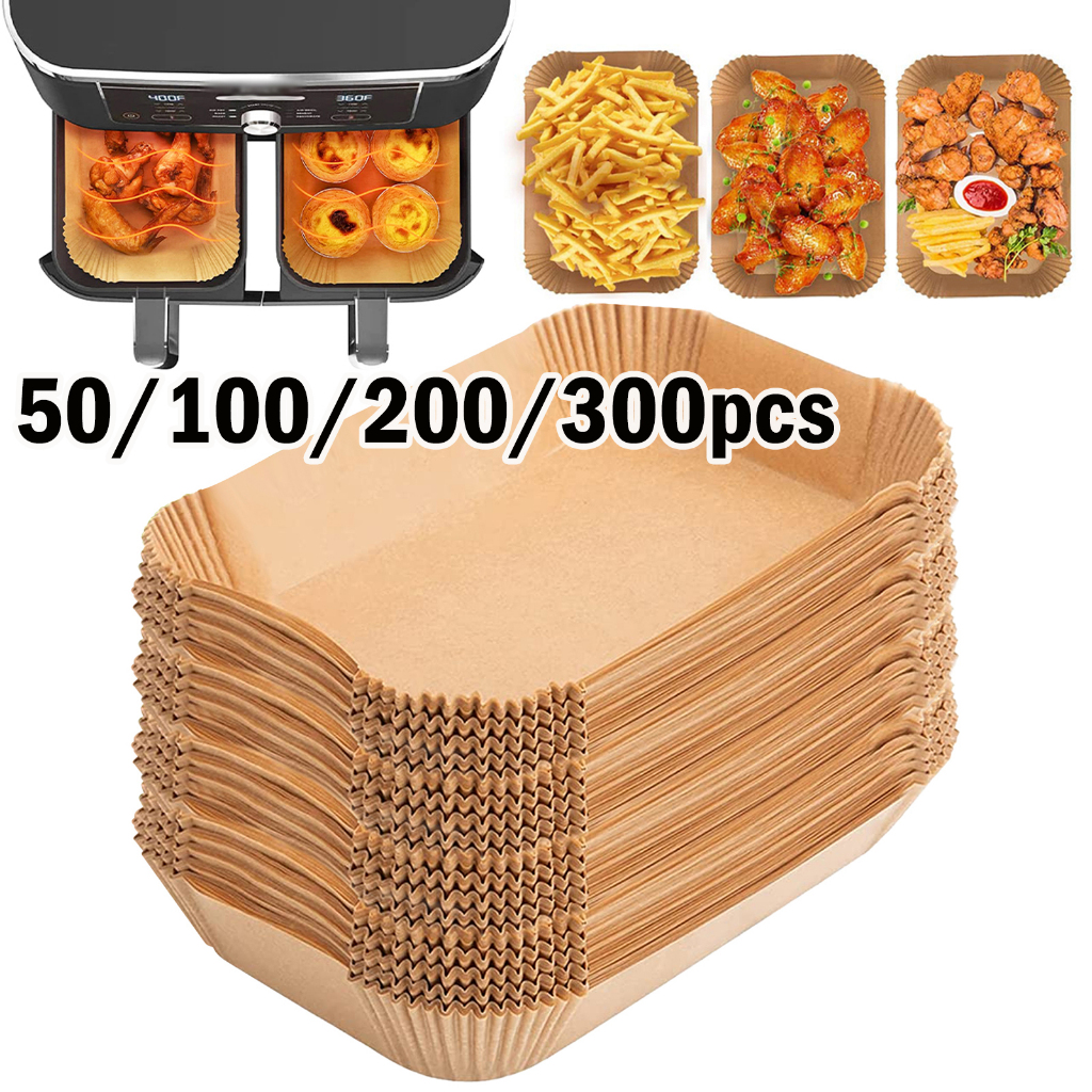 กระดาษรองหม้อทอด แผ่นรองหม้อทอด สี่เหลี่ยม กระดาษรองน้ำมันแบบใช้แล้วทิ้ง 300/200/100/50 แผ่น  กระดาษรองอบ กันน้ำและดูดซับน้ำมัน