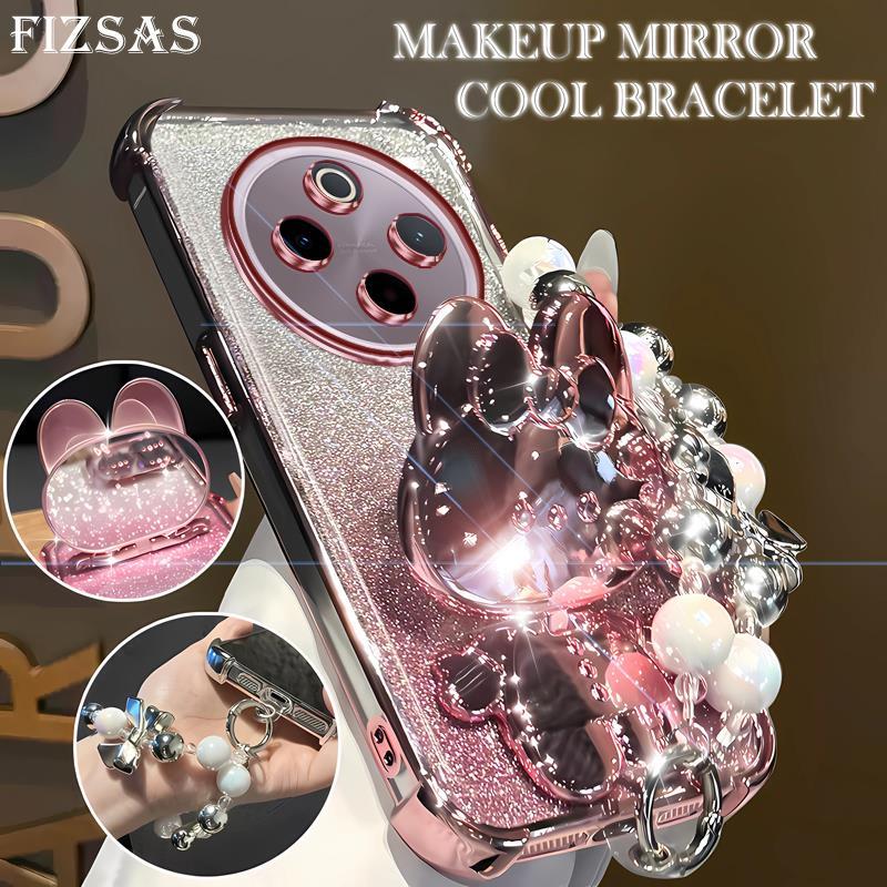 ปลอกซิลิโคนสําหรับ Vivo iQOO 13 Z10 Z10X Neo 10 12 11 Z9 Z9x Z9 Turbo Plus Pro 11S 5G ชุบเคสโทรศัพท์กระต่าย Make-up กระจกสร้อยข้อมือมุก Glitter ฝาครอบ (FIZSAS FS017)
