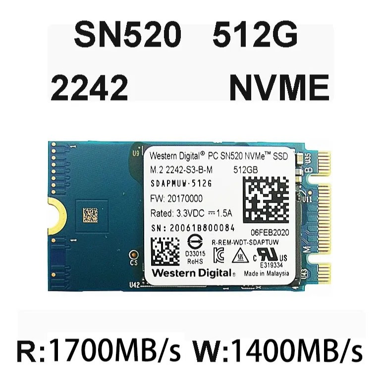 WD PC SN520 512g 256g 128g 2242 PCIe Gen3 x2 NVMe v1.3 Solid State Drive