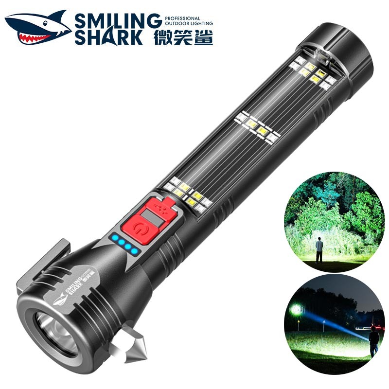 SmilingShark SD5301 ไฟฉาย led พลังงานแสงอาทิตย์ ซุปเปอร์ไบรท์ แม่เหล็ก คบเพลิง ด้วยซังฟลัดไลท์ 5โหมด Type-C ชาร์จใหม่ได้ พร้อมค้อนนิรภัย/ คัตเตอร์/ เข็มทิศ กันน้ำสำหรับการตั้งแคมป์