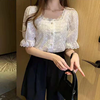 Floerns เสื้อคอตตอนแขนพอง เสื้อผ้าฉลุลายดอกไม้โทน ผ้าปักฉลุอย่างดี