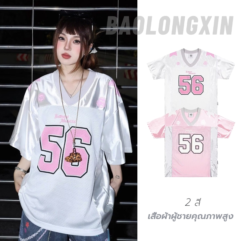 เสื้อยืดแขนสั้นหลวม Baolongxin สีชมพูกับการพิมพ์ดิจิตอล สไตล์แฟชั่นอเมริกันสำหรับหญิง