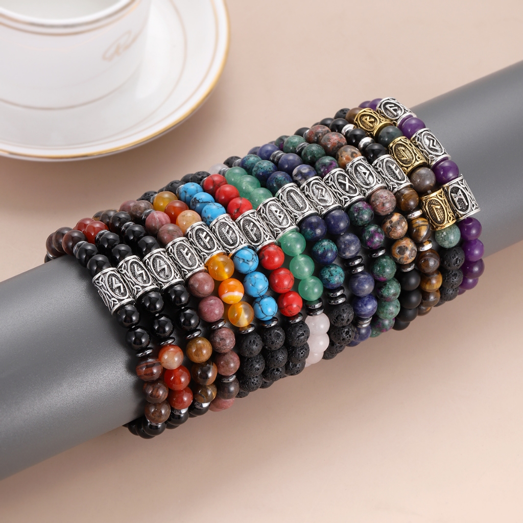 สร้อยข้อมือสไตล์วิกี้น ดีไซน์ runes สโตนธรรมชาติ 8 มม. obsidian, lapis lazuli และหินอาเกตสีม่วง เหมาะทั้งผู้ชายและผู้หญิง