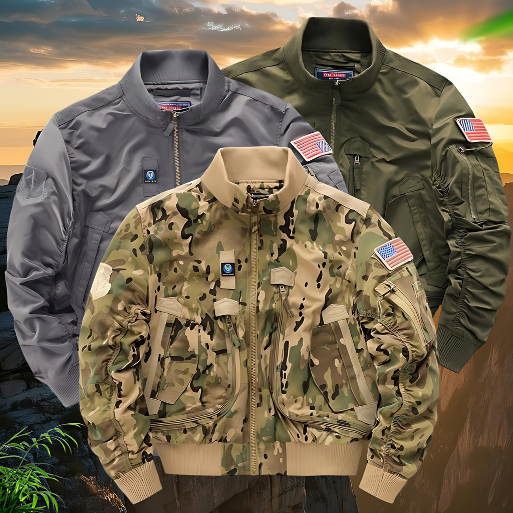 American Functional Tooling Mens Bomber Jacket Windproof กันน้ําทนต่อการสึกหรอ Retro Stand-Up Collar Camouflage Jacket
