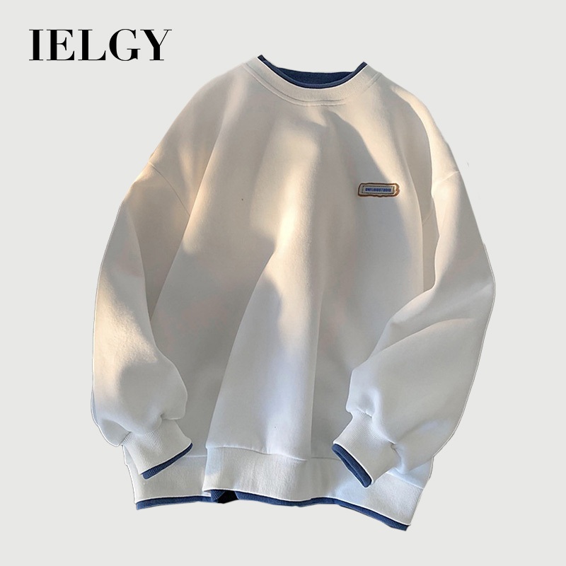 IELGY เสื้อสเวตเตอร์สองชิ้นปลอมสําหรับผู้ชายเสื้อตัวในคอกลมทรงหลวมและเรียบง่ายสํ