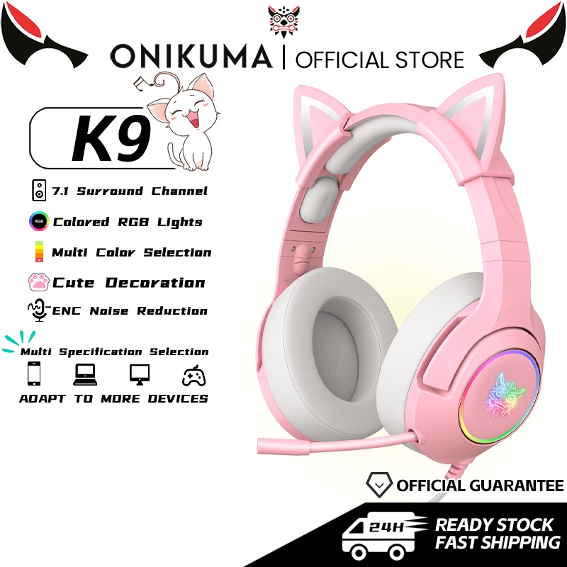 ONIKUMA K9 Cat Ear หูฟังเกมมิ่งแบบมีสายสีชมพูน่ารัก มีไฟ RGB ไมโครโฟนลดเสียงรบกวน