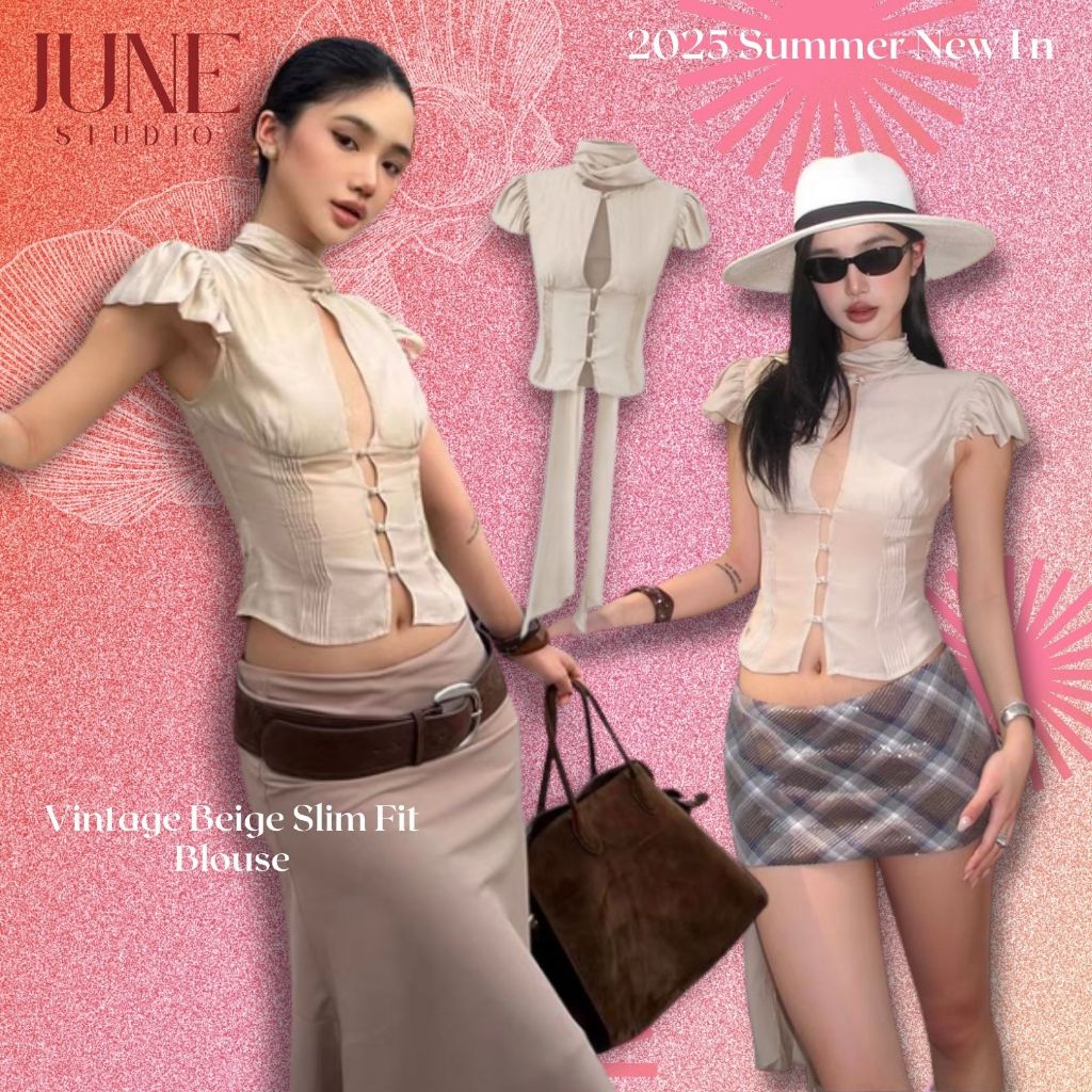 【Ready to ship】ฝรั่งเศสย้อนยุค ฮัลเตอร์เข้ารูป ผอมเพรียว ลุคสาวร้อน[June Studio]