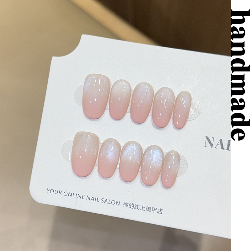 กดบนเล็บ ทําด้วยมือ สีขาวสีนู้ดไล่โทนสี อิน สไตล์แมวตาสั้นทําด้วยมือบริสุทธิ์สวมใส่เล็บง่ายเล็บแพทช์เล็บปลอม