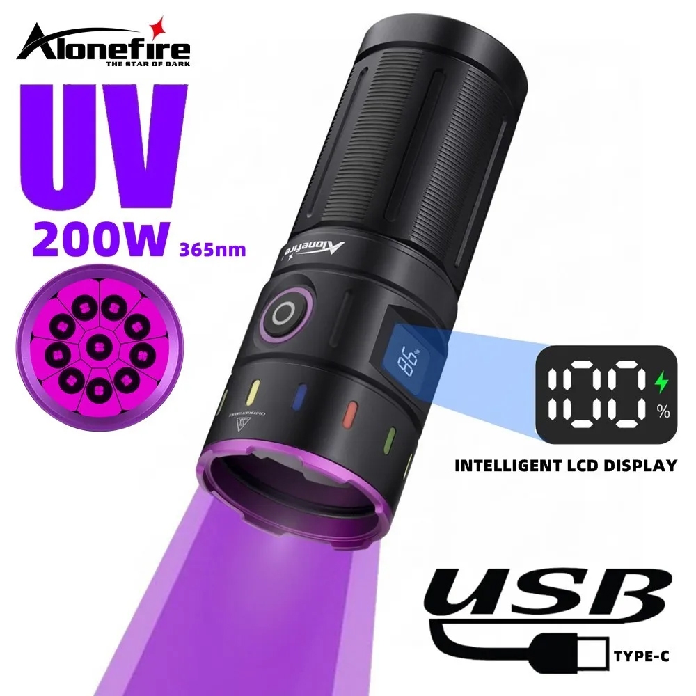 AloneFire SV140 ไฟฉายพลังงานสูง 200W 10 ดวง LED 365nm UV สำหรับตรวจสอบคราบท้องเสียของสัตว์เลี้ยงและเงินเรืองแสง