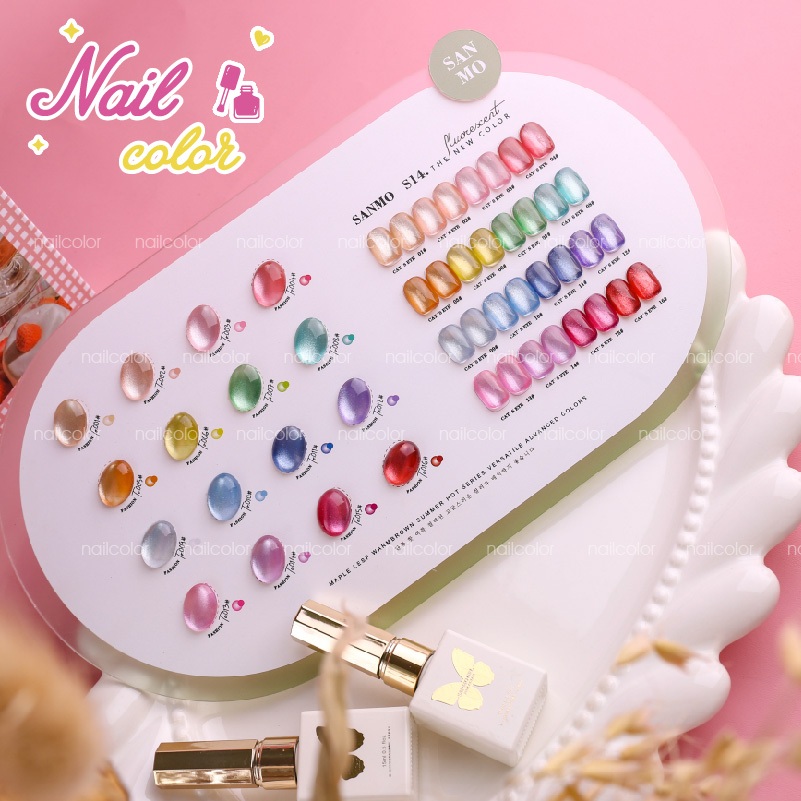 [พร้อมสต็อก] SANMO สินค้าใหม่16สีคริสตัลเพชรแมวตายาทาเล็บกาวชุดแต่งเล็บ15มล (ฟรีอะคริลิไล่โทนสีคณะกรรมการสี) ลูกปัดแก้วตาแมวผงคริสตัลเพชรผงแม่เหล็กความหนาแน่นสู
