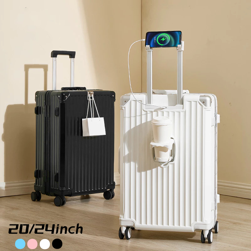 กระเป๋าเดินทาง  20/24 นิ้ว พอร์ตชาร์จ USB ทนทาน พร้อมที่วางแก้ว กระเป๋าเดินทางขนาด  Luggage