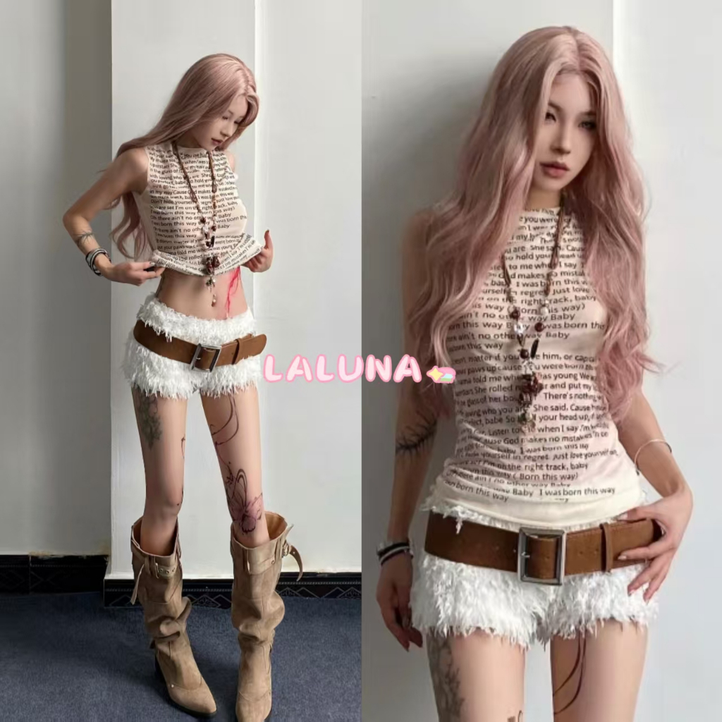 Lln🍑พร้อมส่ง🍑 เสื้อยืดแขนกุดทรงเข้ารูปพิมพ์ลายตาข่ายเซ็กซี่สไตล์ยุโรปและอเมริกาสำหรับผู้หญิง
