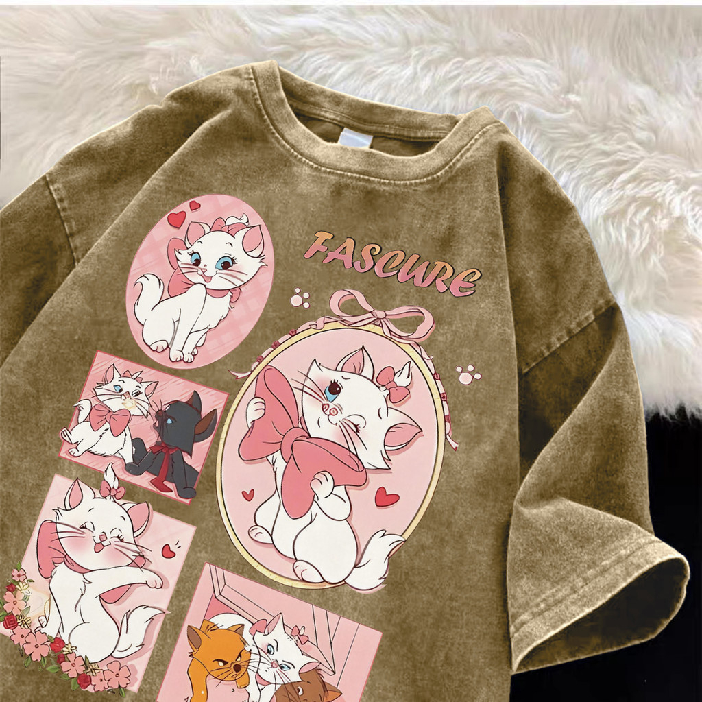 Pofloret เสื้อยืดฟอก ลายการ์ตูน oversize ผ้าฟอกวินเทจ สีดําเข้ม สไตล์ฮิปฮอป เรโทร (รูปแบบการ์ตูนแมรี่แมว) I005490