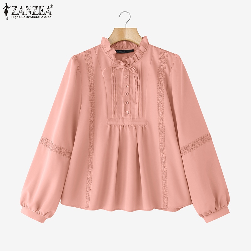 Zanzea ผู้หญิงเกาหลีหลวมแขนโคมไฟลูกไม้ Patchwork สายคล้องเสื้อลําลอง