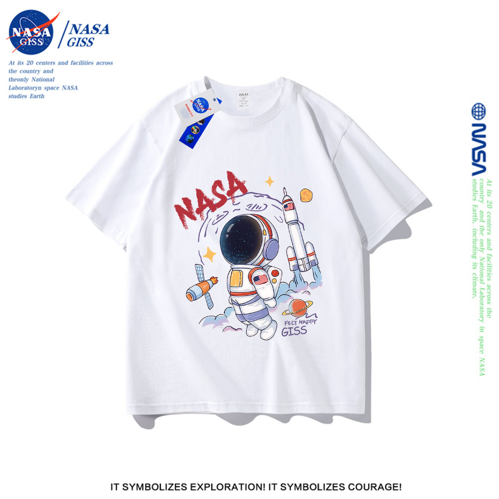 NASA เสื้อยืดชายหญิงแขนสั้น สตรีทฮิปฮอป summer นักบินอวกาศ พิมพ์ลาย คอตตอน คอกลม หลวมและระบายอากาศ