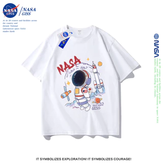 NASA เสื้อยืดชายหญิงแขนสั้น สตรีทฮิปฮอป summer นักบินอวกาศ พิมพ์ลาย คอตตอน คอกลม หลวมและระบายอากาศ